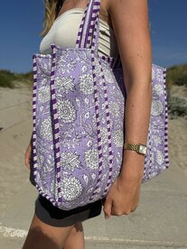 Blockprint tas - paars met bloemen