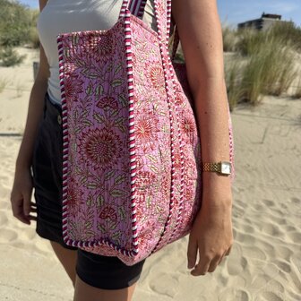 Blockprint tas - bloemen - roze rood