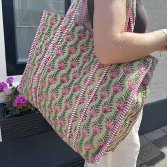 Blockprint tas - groen/roze