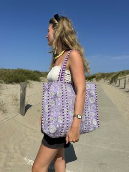 Blockprint tas - paars met bloemen