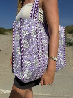 Blockprint tas - paars met bloemen