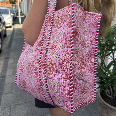 Blockprint tas - bloemen - roze rood