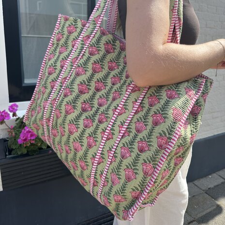 Blockprint tas - groen/roze