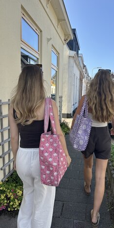 Blockprint tas - paars met bloemen