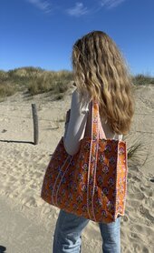 Blockprint tas - bloemen - oranje/paars