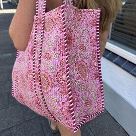 Blockprint tas - bloemen - roze rood